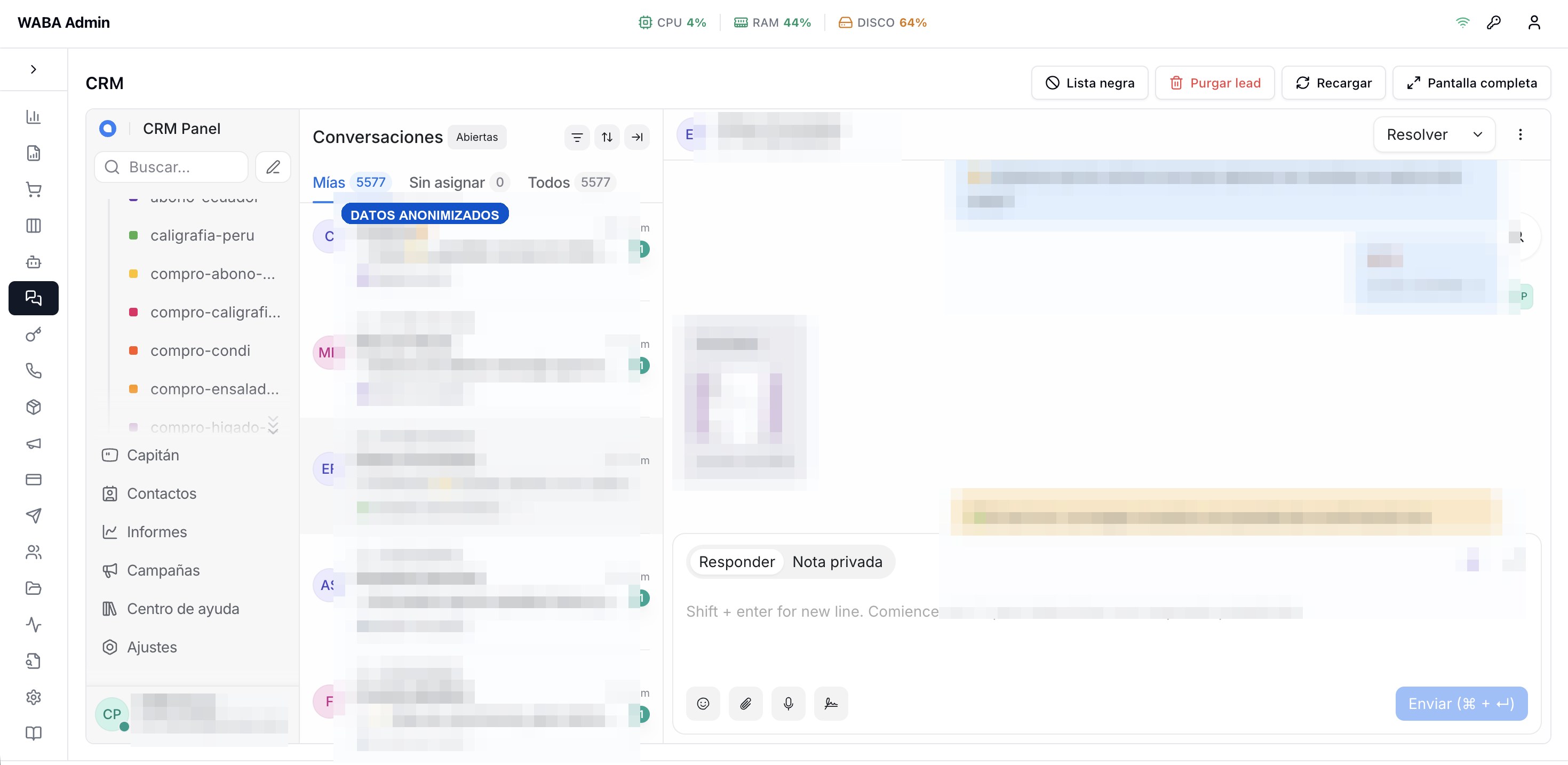 CRM real con conversaciones, responsables, historial y bandeja centralizada; datos anonimizados