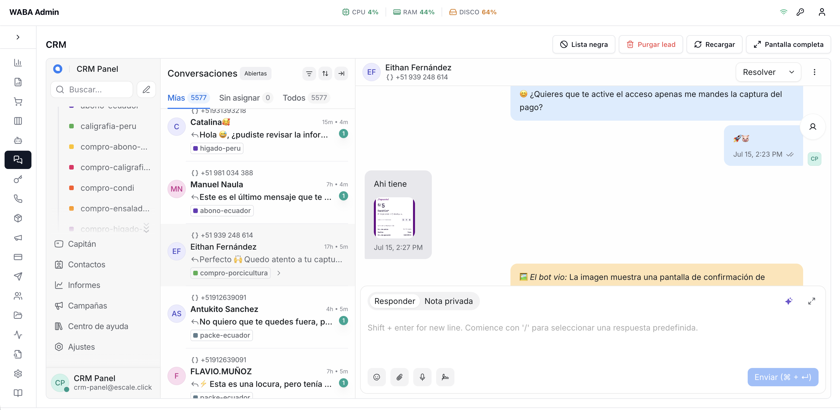 CRM real con conversaciones, responsables, historial y bandeja centralizada